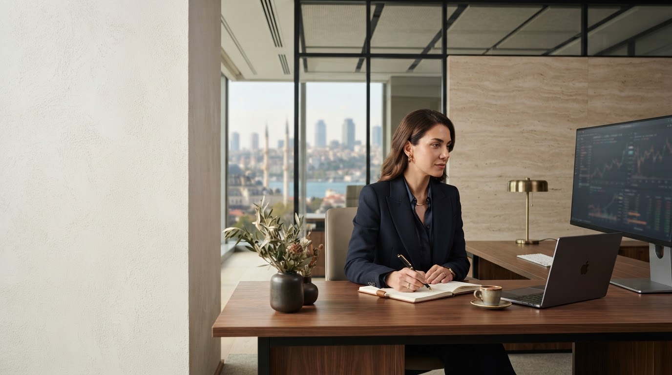 E-finans platformunda minimalist veri panelini gösteren çalışma masası